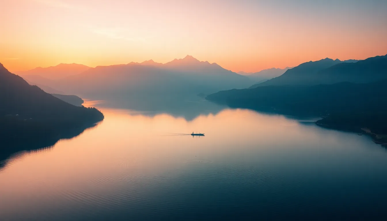 Peaceful Lake Surrounded by Mountains at Sunrise