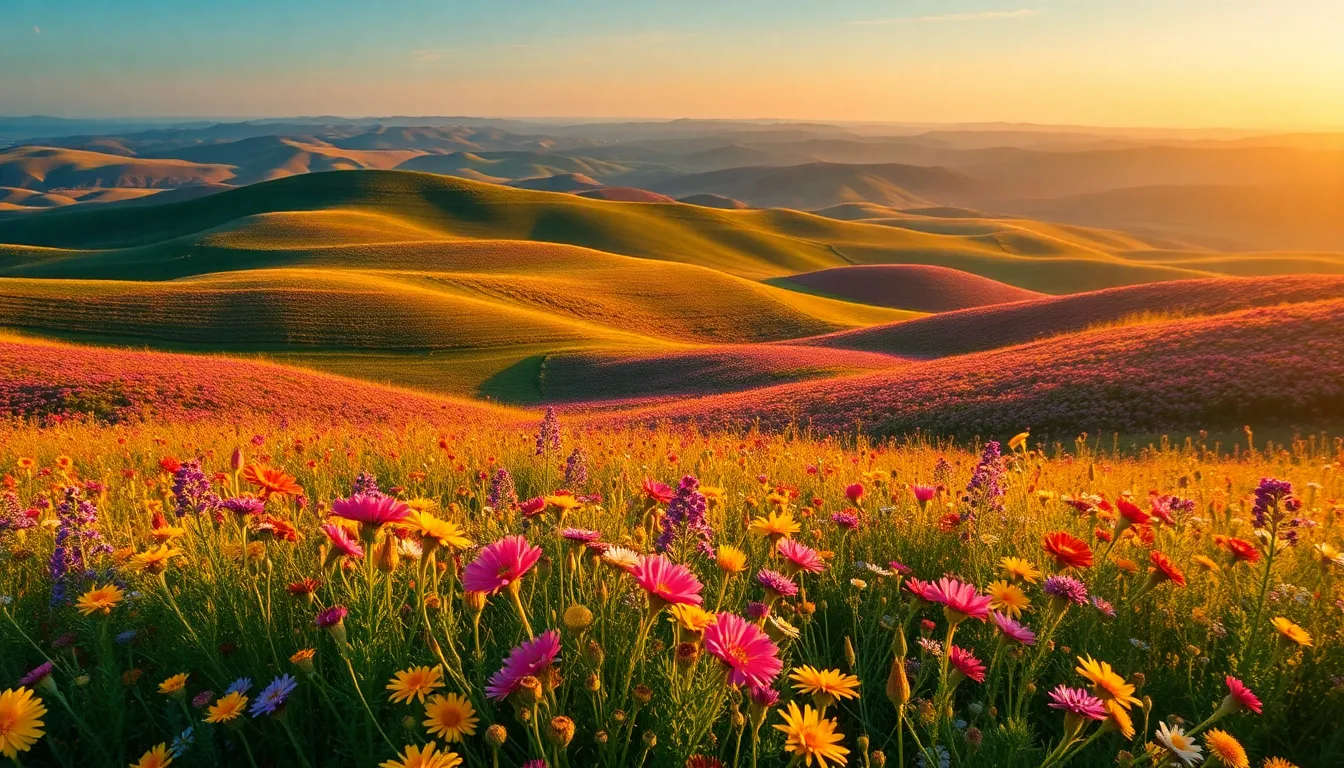 Rolling Hills Filled with Wildflowers Aerial Shot