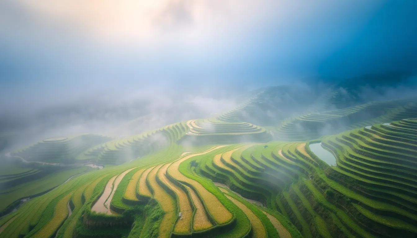 Terraced Rice Paddies on a Misty Morning