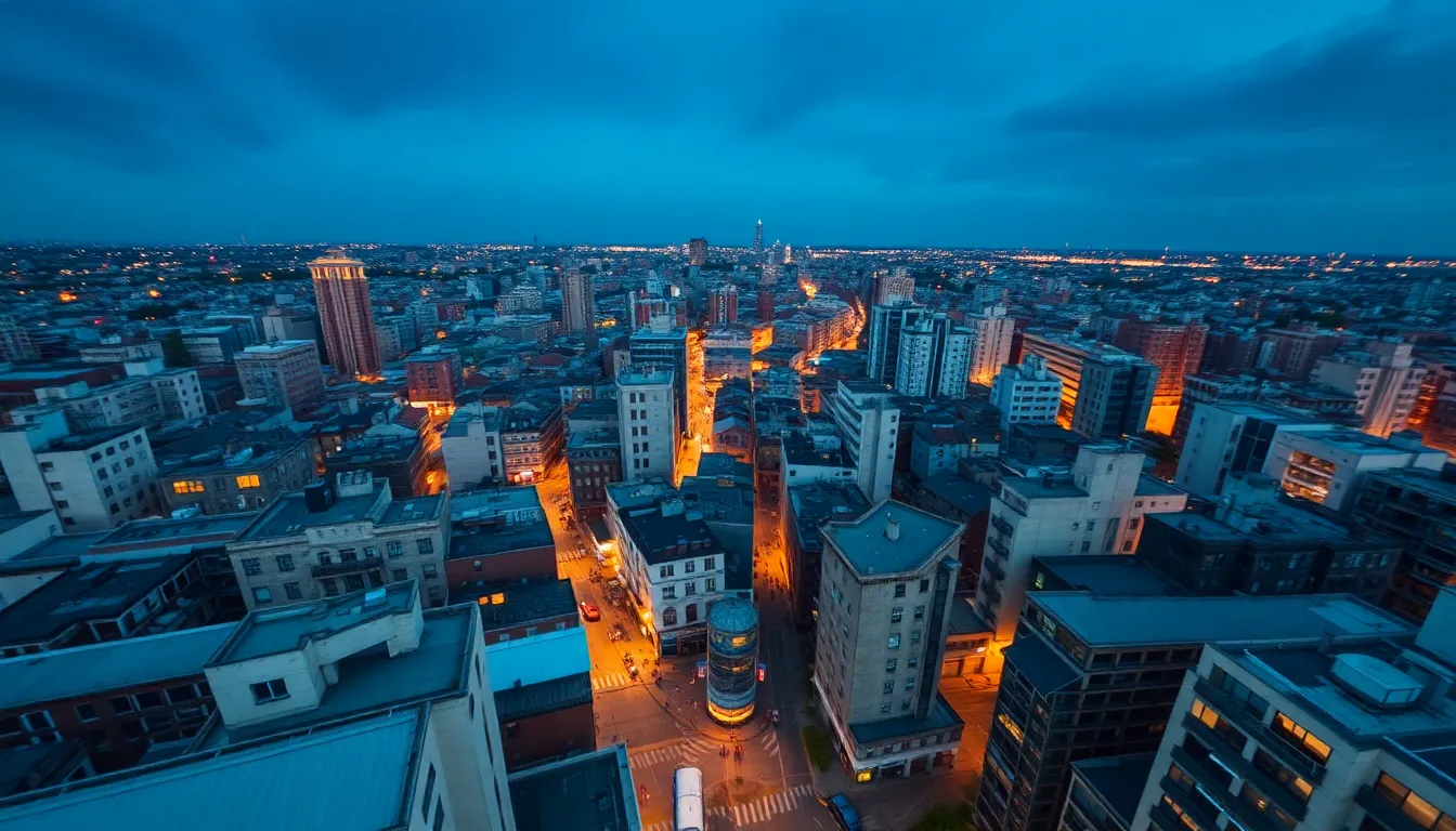 Twilight Aerial View of Bustling Cityscape