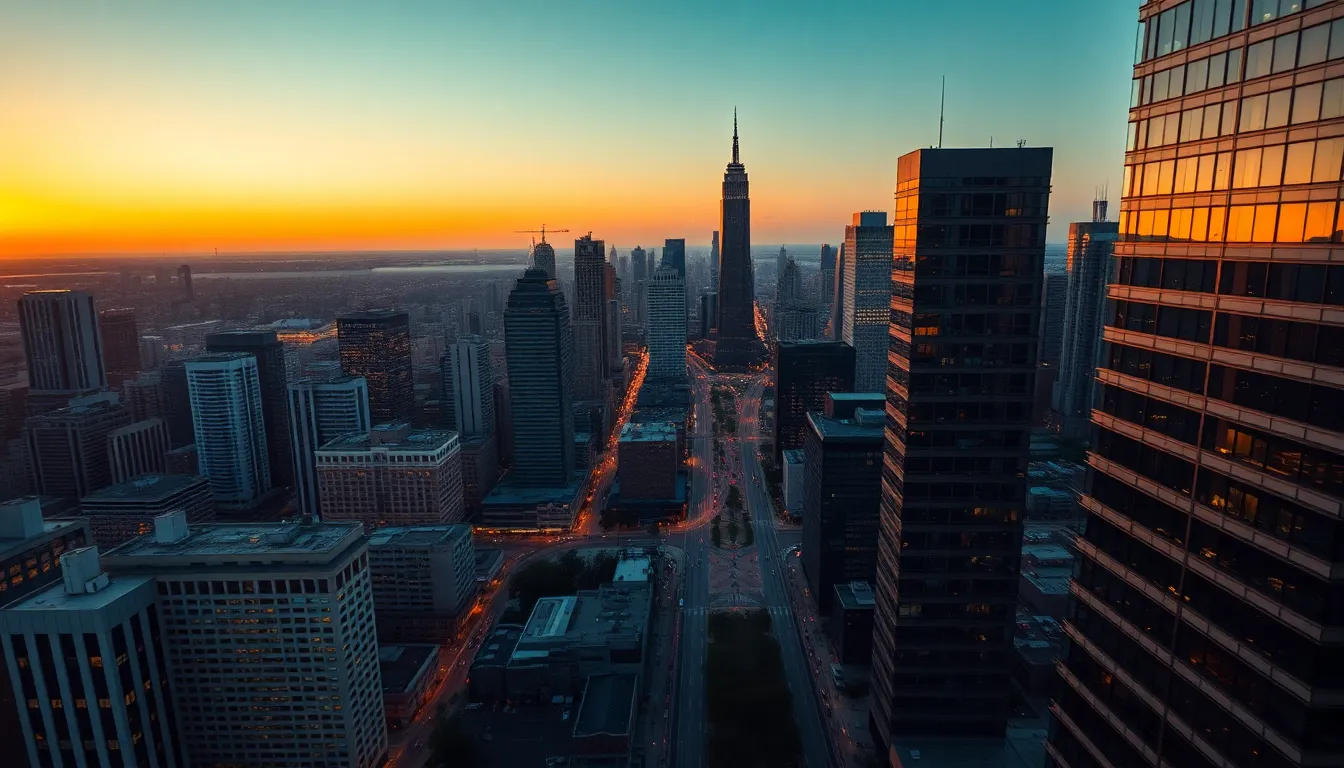 Urban Skyline at Sunset Aerial Perspective