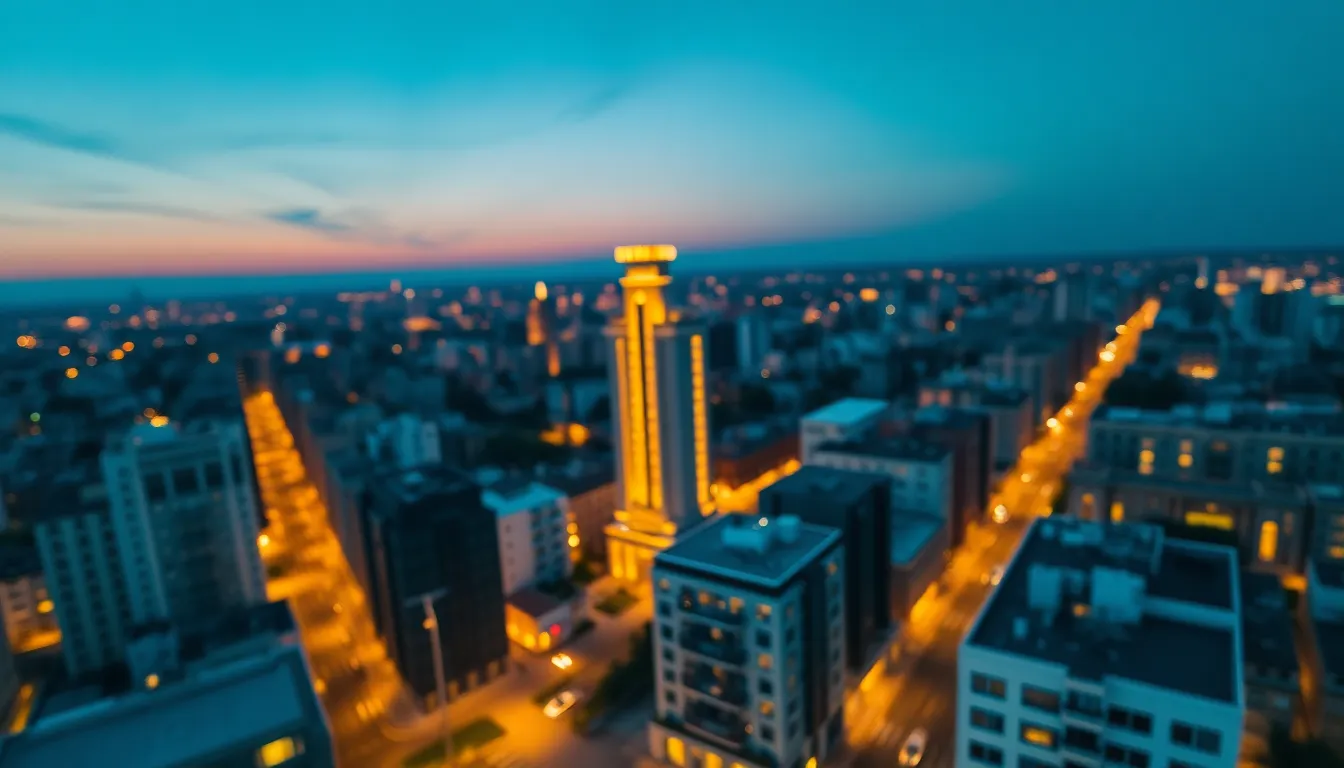 Cityscape at Dusk Aerial View