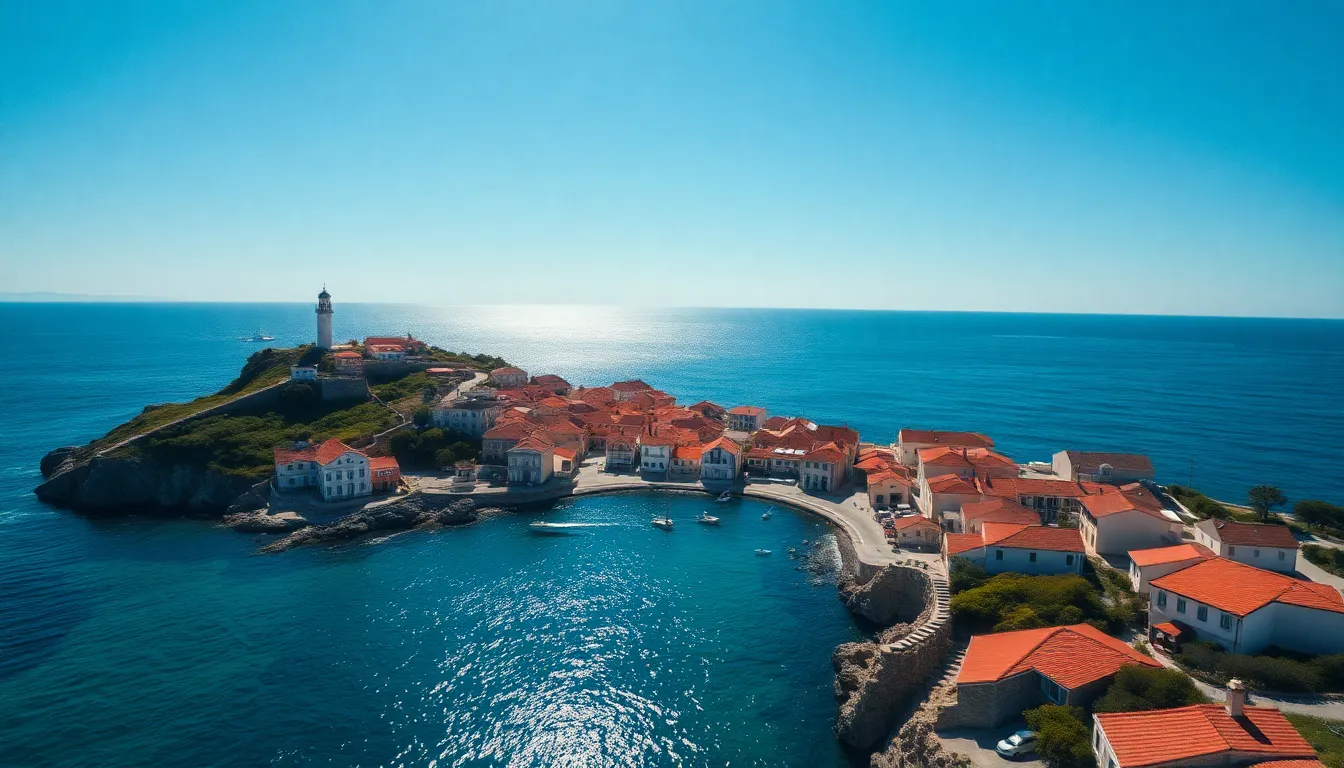 Aerial View of Quaint Coastal Village by the Sea