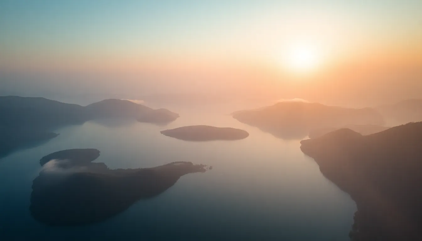 Serene Aerial View of Misty Lake and Mountains