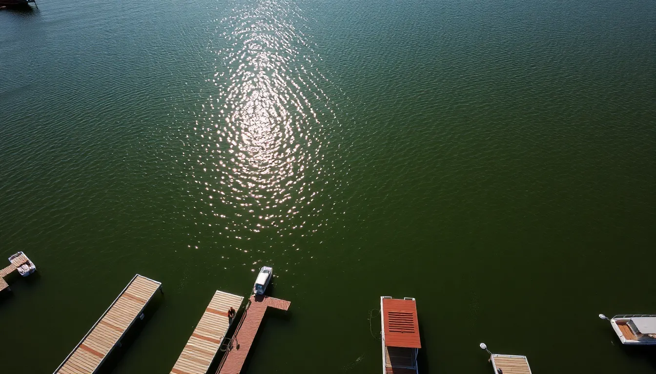 Serene Lakeside with Docks and Paddle Boats