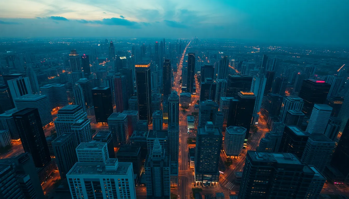 Dusk Cityscape Aerial View with Neon Lights