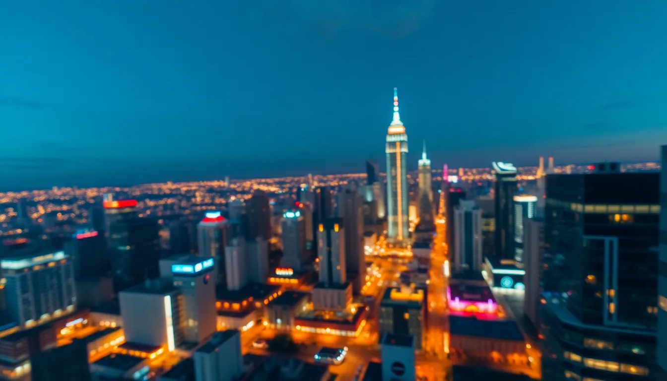 Vibrant City Skyline Aerial View At Dusk