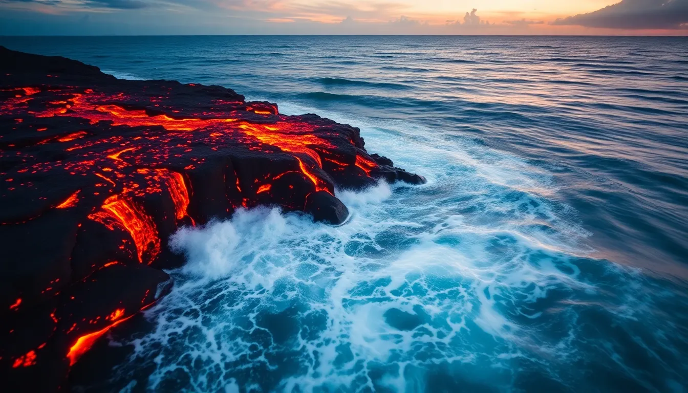 Lava Flow Into the Ocean at Twilight