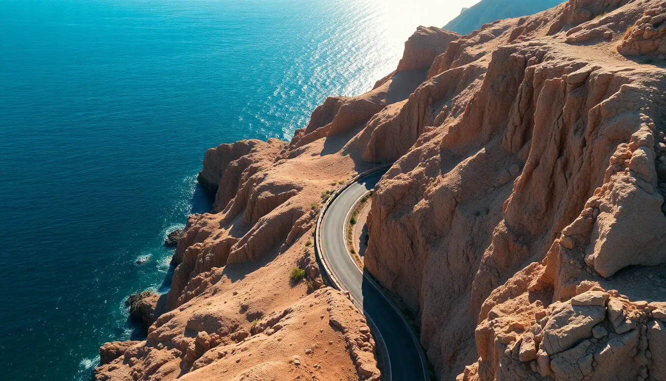 Coastal Road Aerial View with Rugged Cliffs