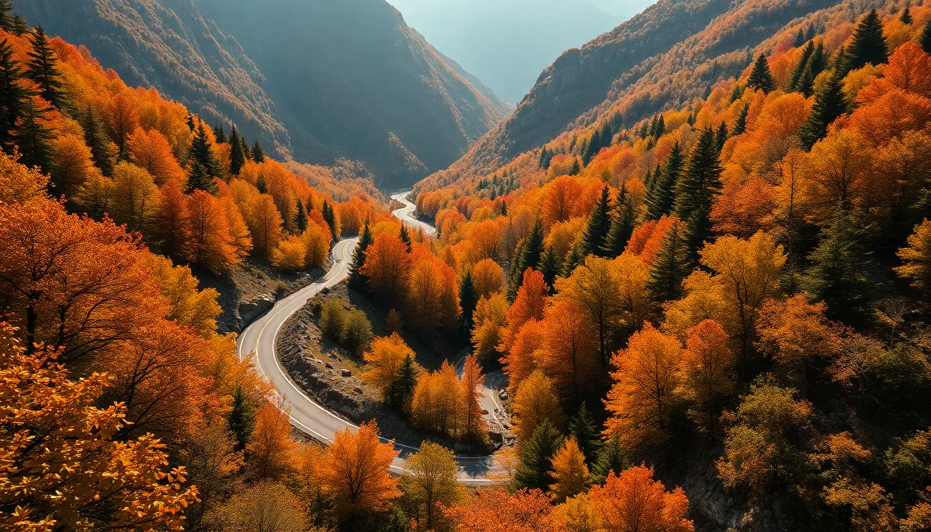 Winding Mountain Road Through Autumn Foliage Aerial