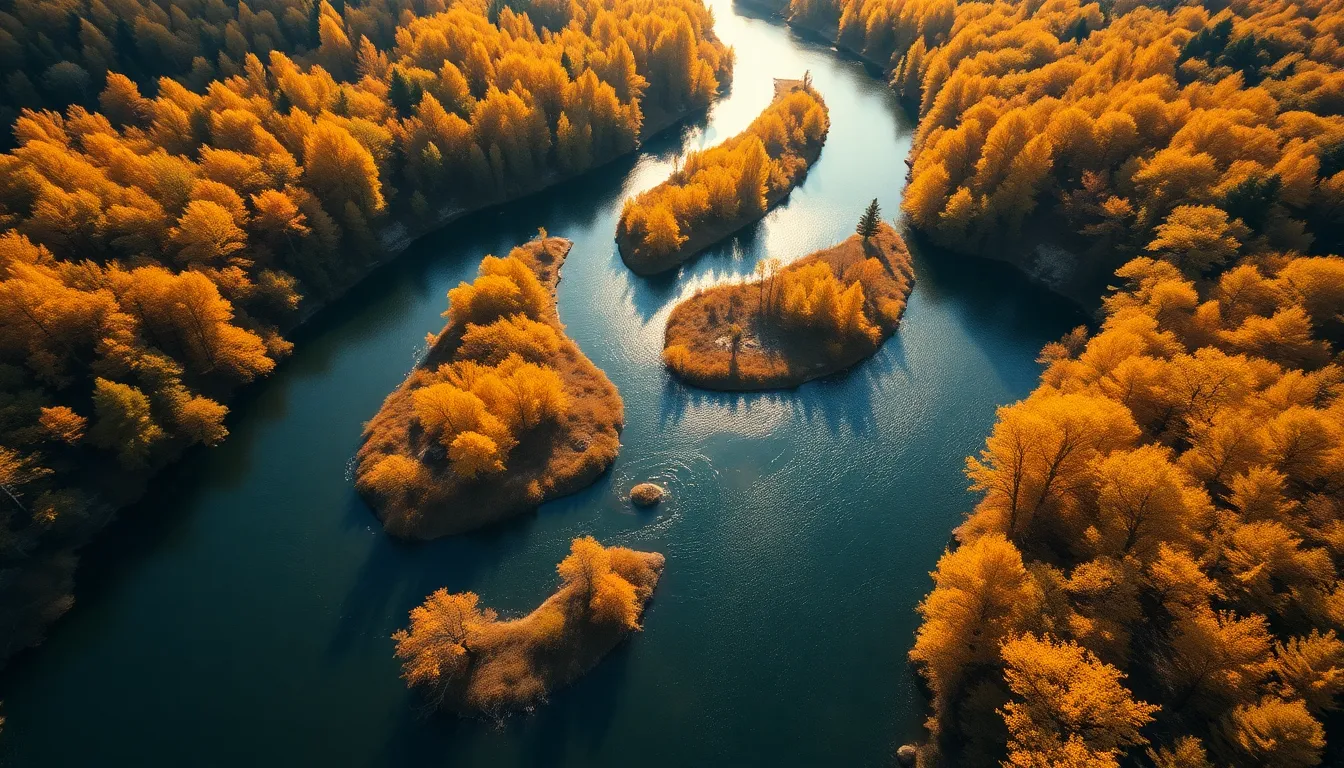 Aerial View of a Winding River in Autumn