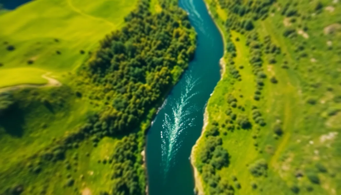 Winding River Aerial View in Lush Valley