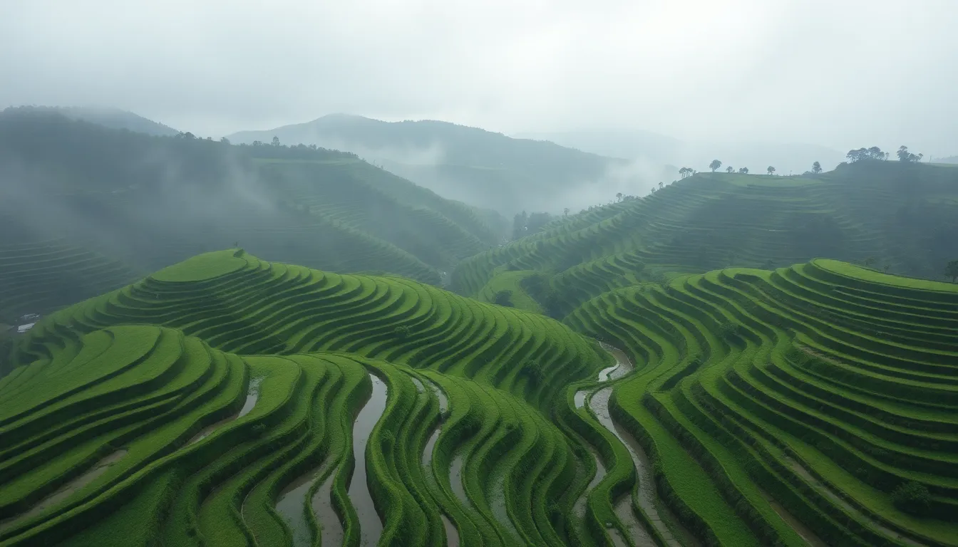Lush Rice Terraces in Morning Mist
