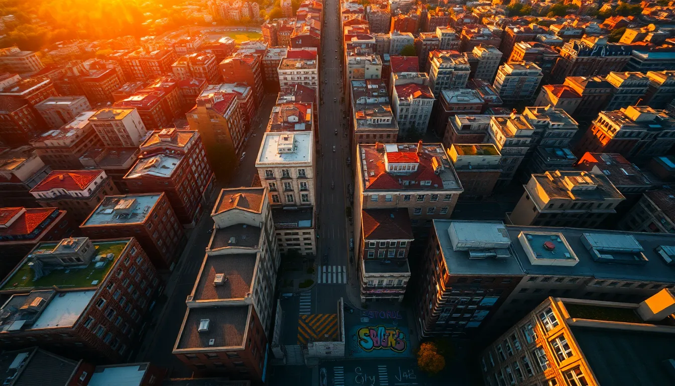 Urban Aerial View at Sunset