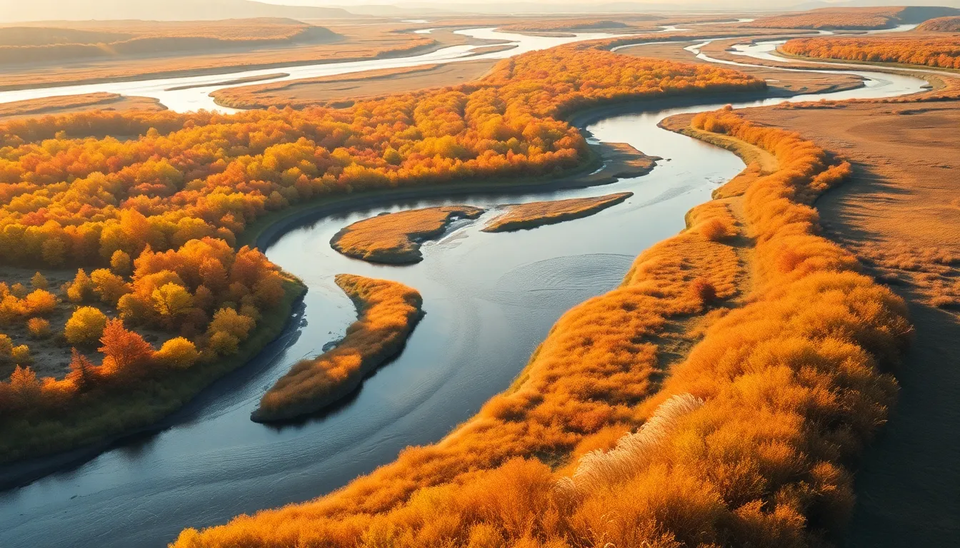 Autumn River Delta Aerial View