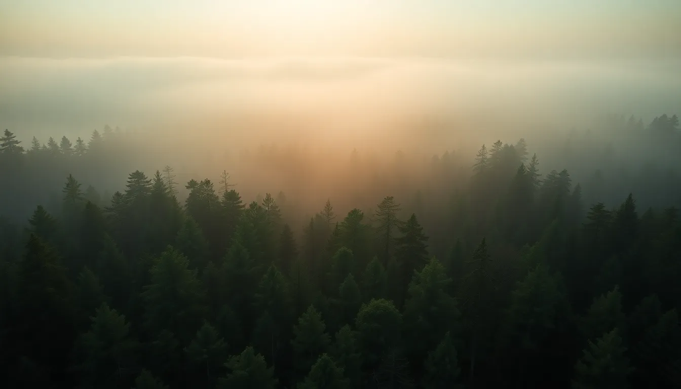 Mystical Aerial View of Enchanting Forest at Dawn