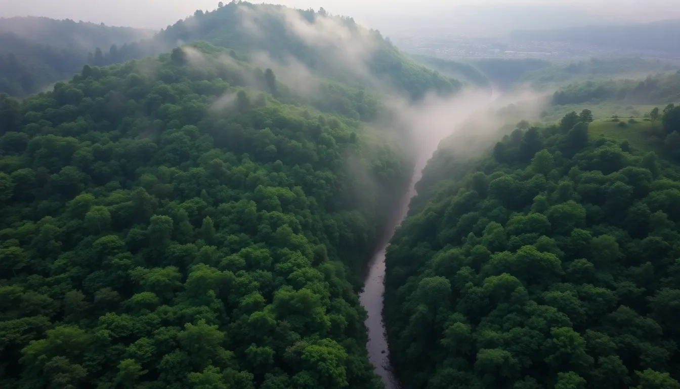 Misty Forest Aerial View in Morning Light