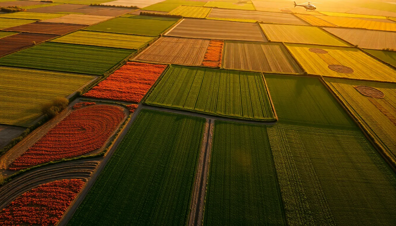 Aerial View of Vibrant Agricultural Fields at Golden Hour