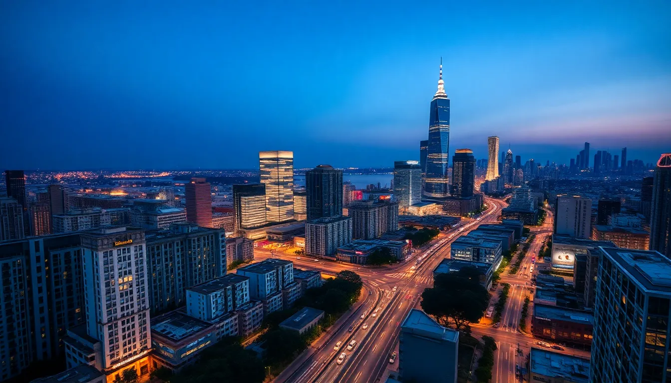 Twilight Cityscape Aerial View