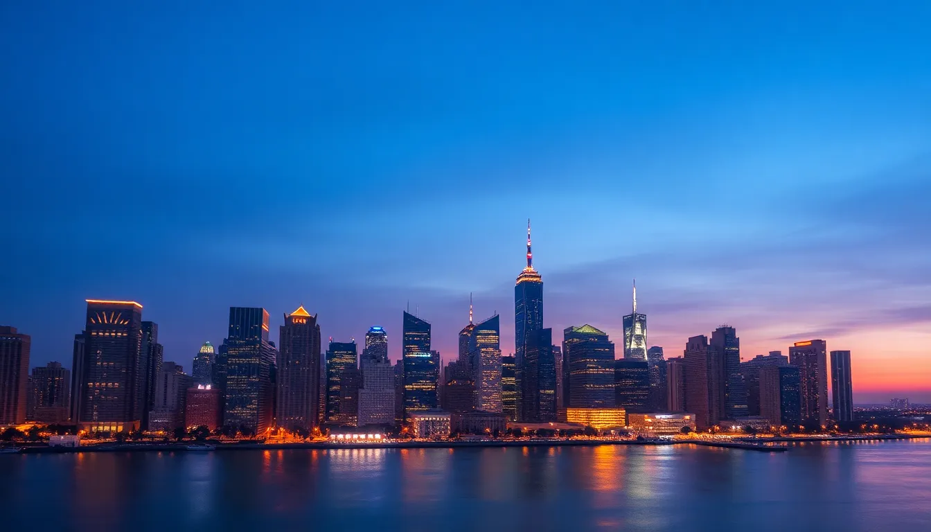 Twilight City Skyline Aerial View