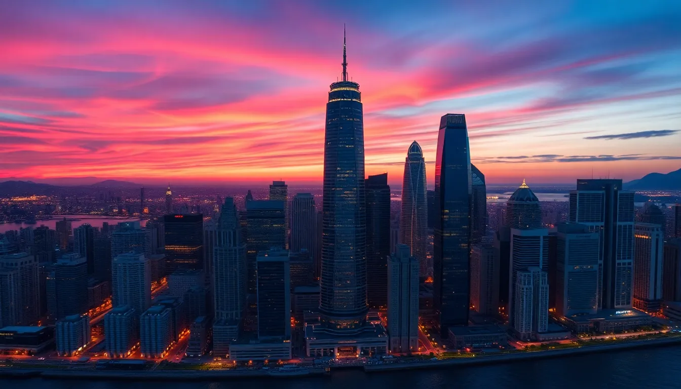 Twilight Aerial Shot of Coastal City Skyline