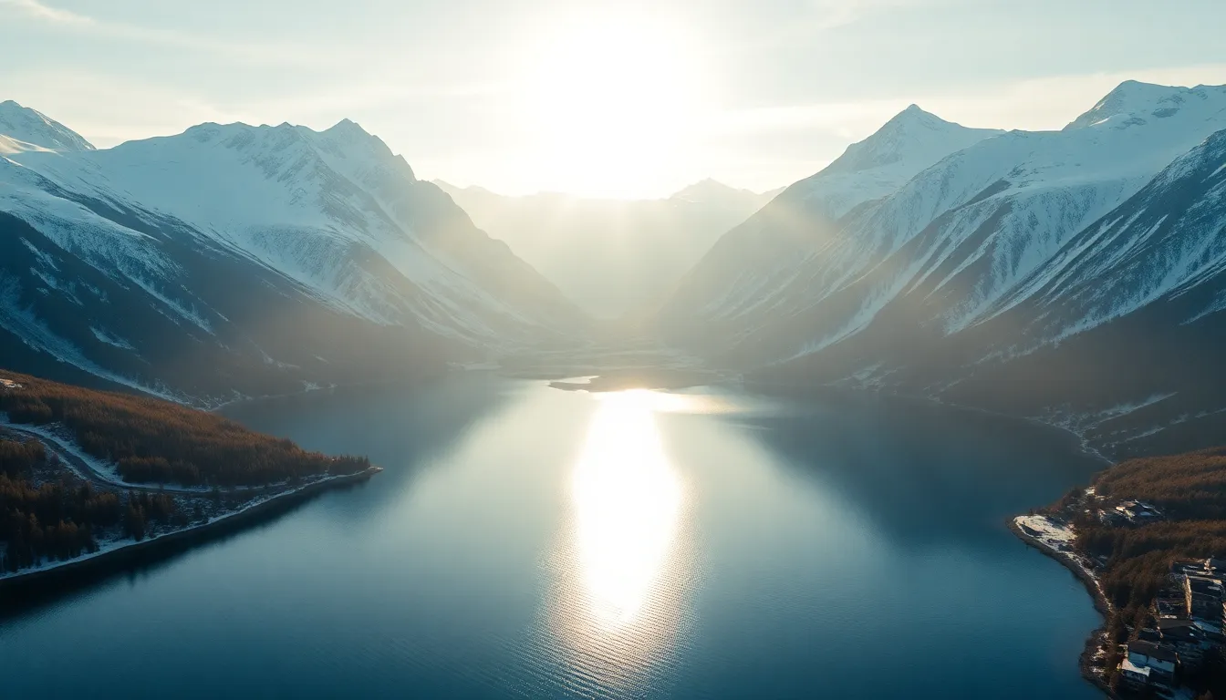 Serene Lake and Snow-Capped Mountains Aerial