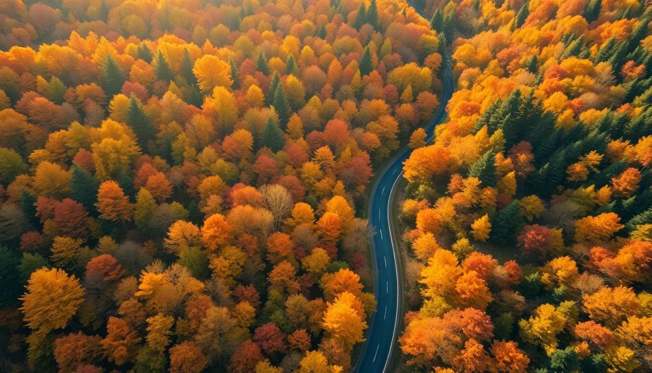 Autumn Forest Aerial View with Winding Road