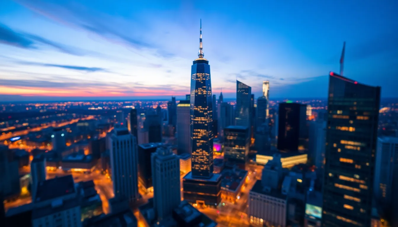 Twilight City Skyline Aerial View