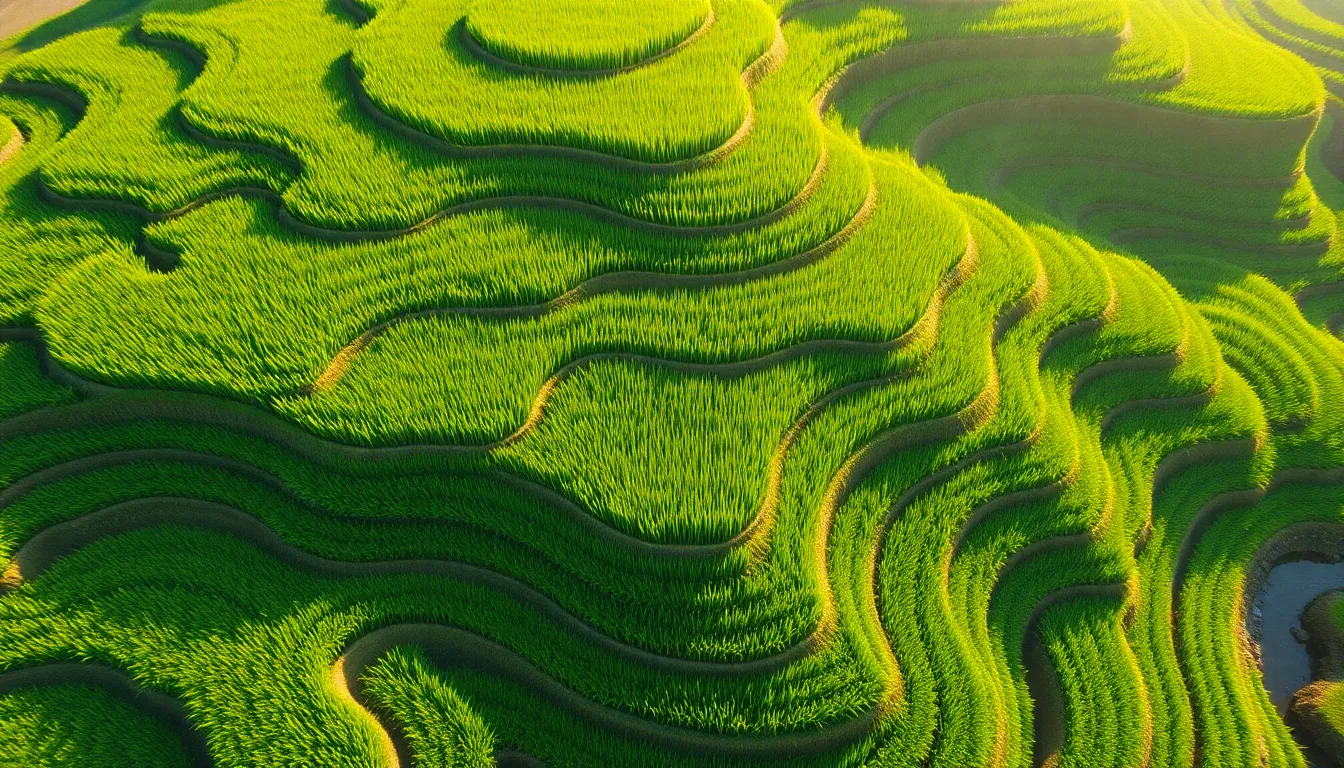 Lush Green Rice Terrace Aerial View