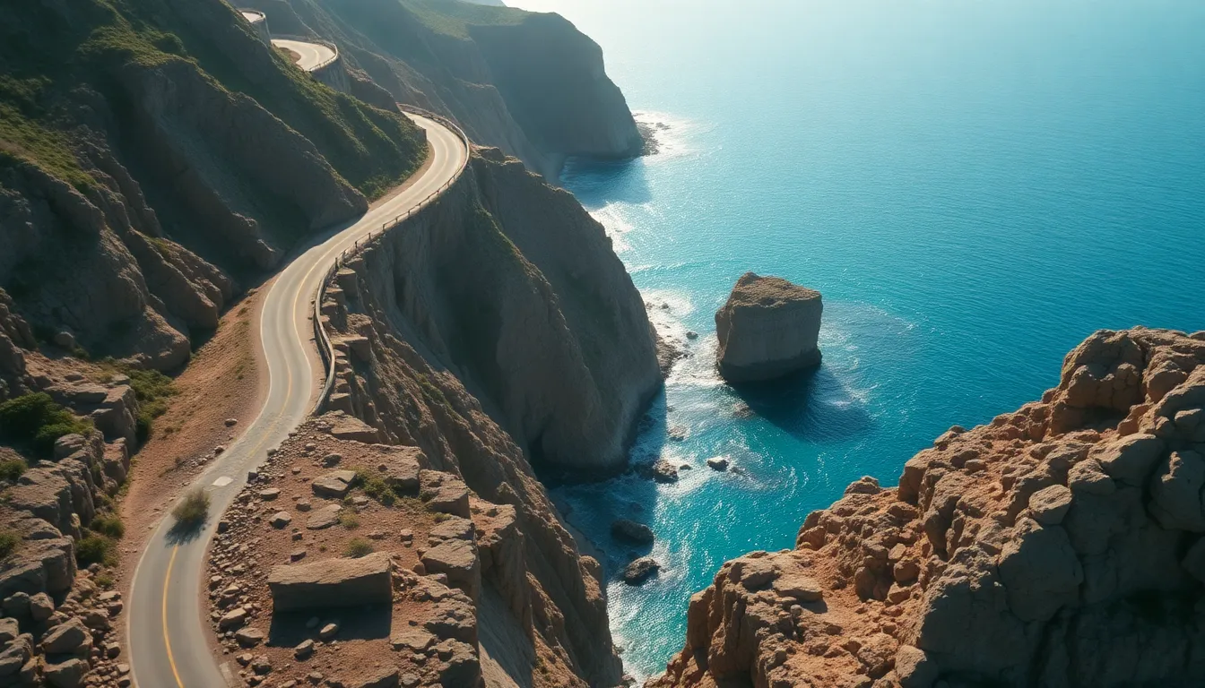 Aerial Coastal Road Along Rocky Cliffs