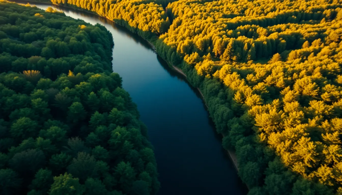 Winding River Through Lush Forests at Golden Hour