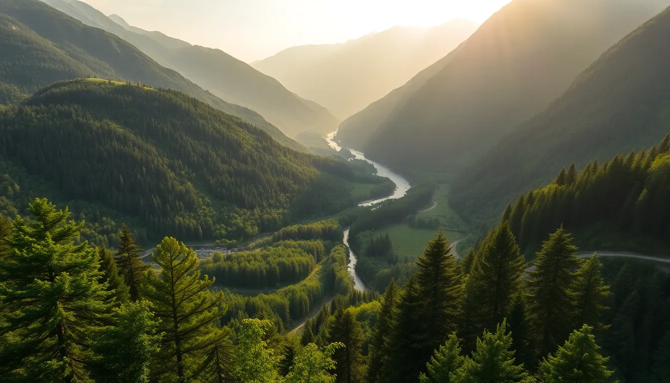 Aerial View of Lush Valley Between Mountains