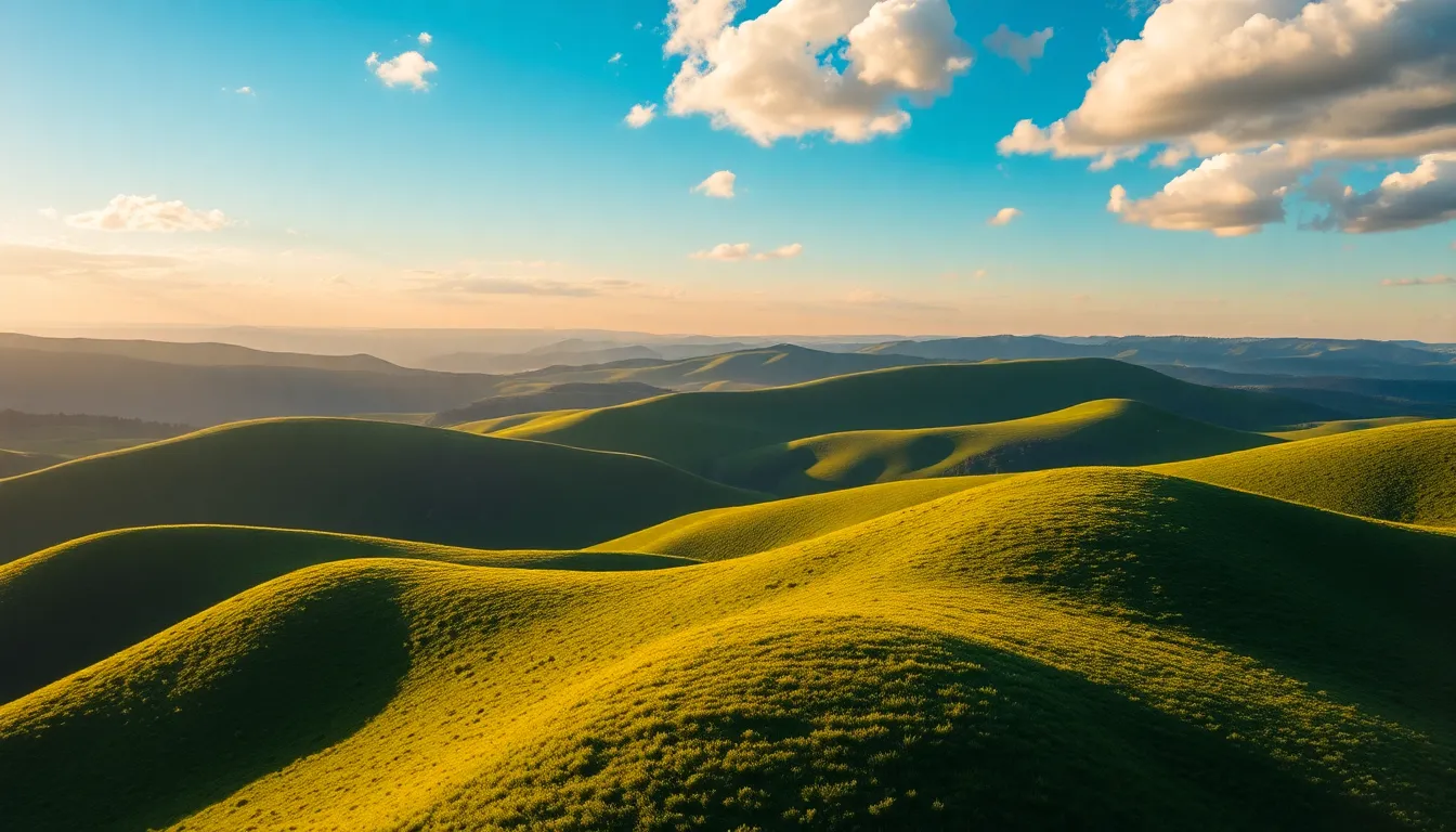 Golden Hour Aerial View of Rolling Hills