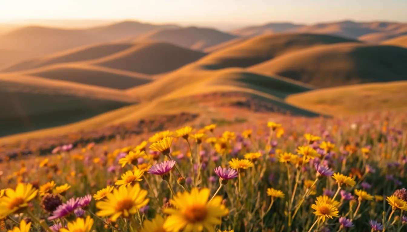 Golden Hour Aerial Landscape of Wildflowers