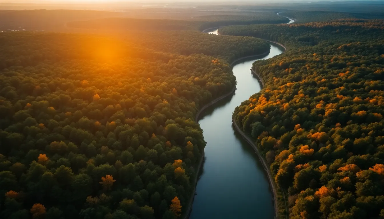 Winding River Through Lush Green Forests