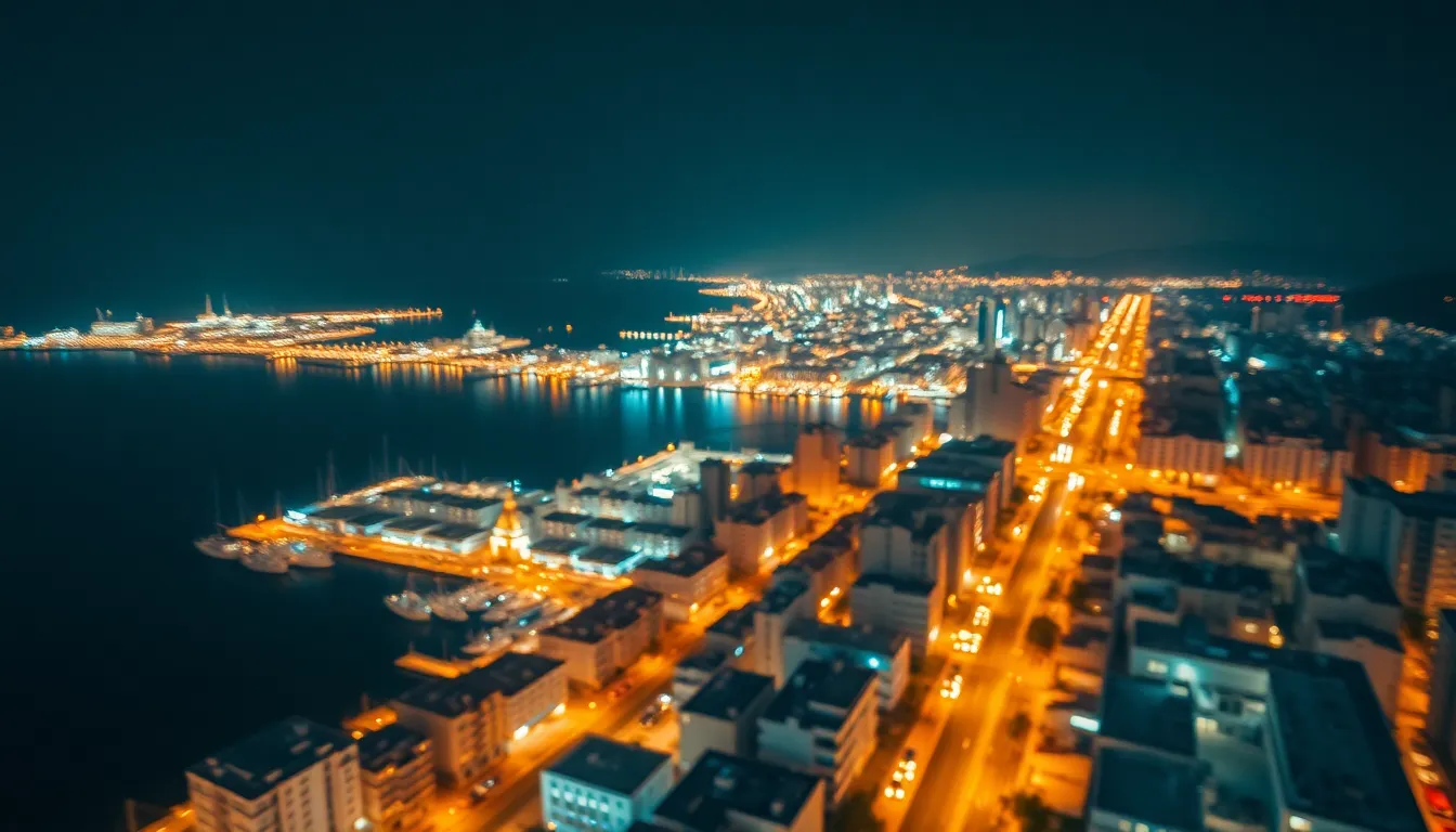 Bustling Coastal City Aerial View at Night