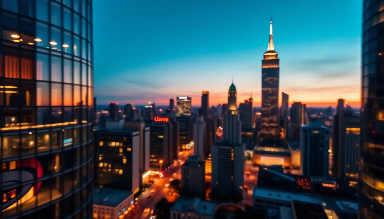 Aerial Twilight Skyline of Urban City