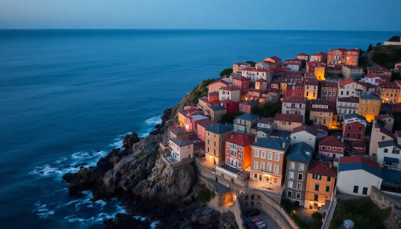 Aerial View of Coastal Town at Twilight