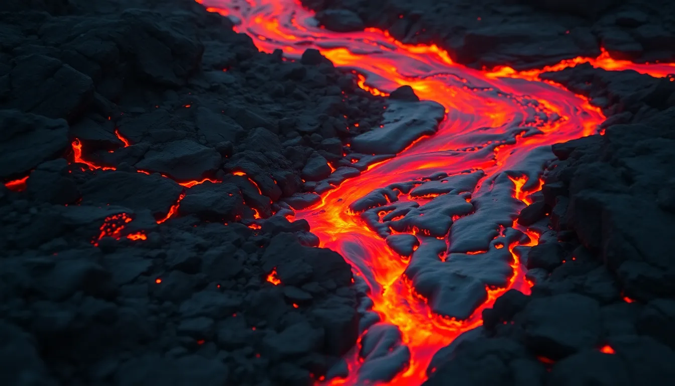 Aerial View of Flowing Lava River from Volcano