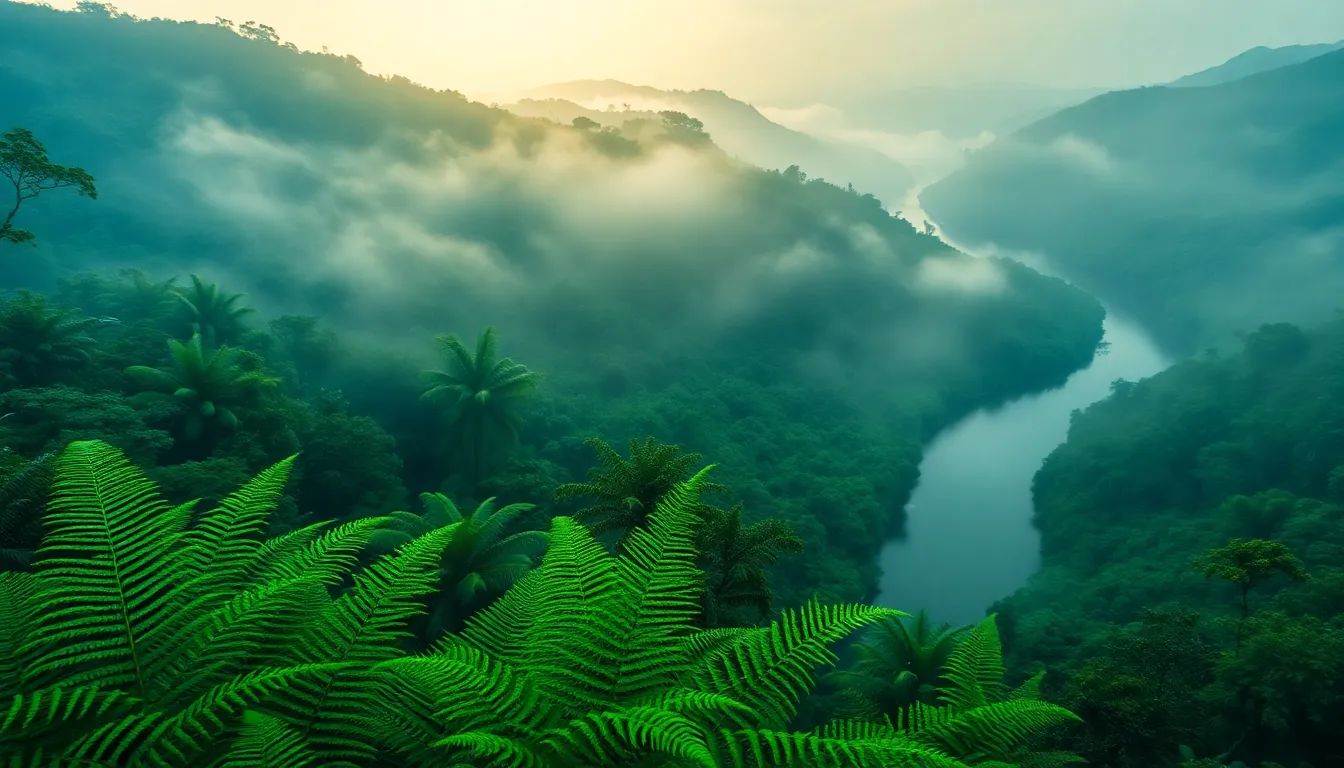 Aerial View of Lush Rainforest with River