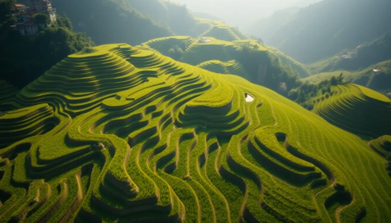 Aerial View of Rice Terraces in Mountains