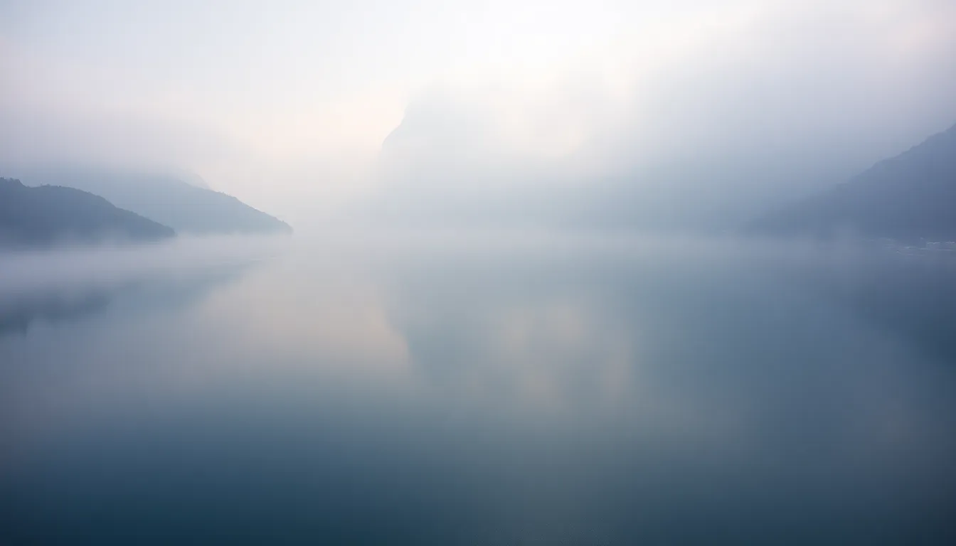 Serene Lake Surrounded by Misty Mountains