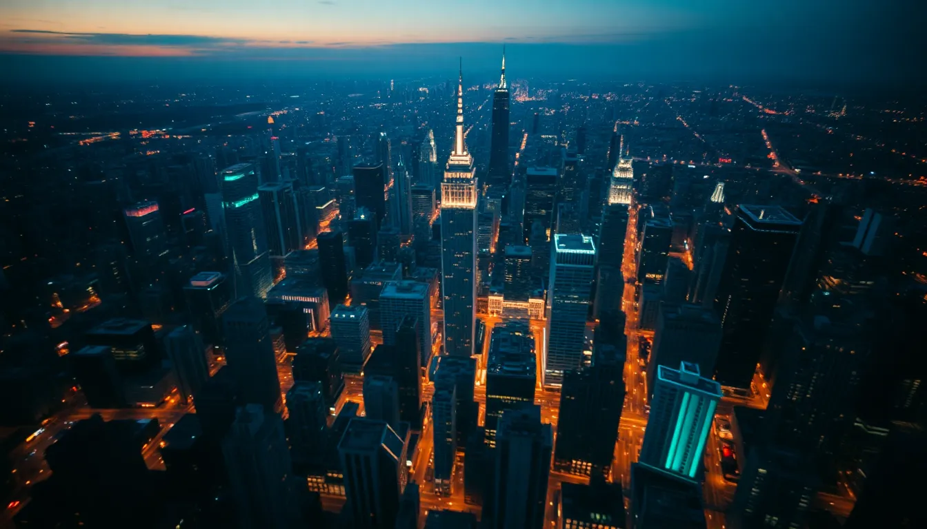 Vibrant Cityscape at Twilight Aerial View