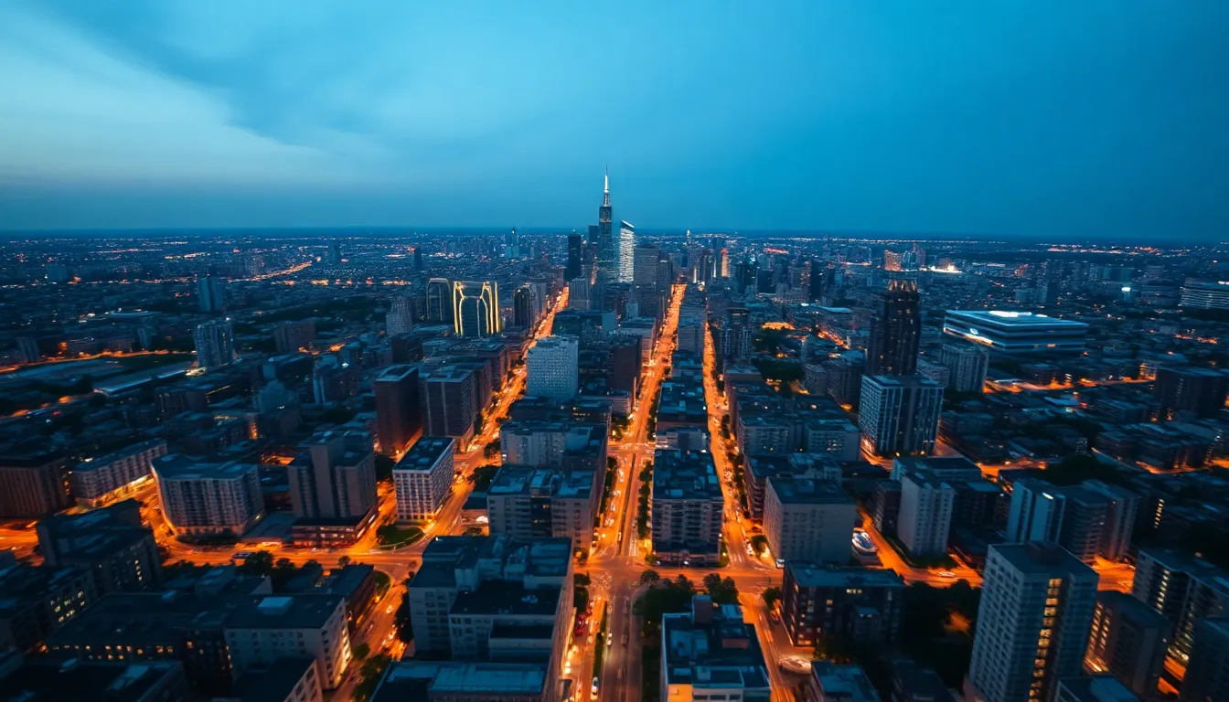 Aerial View of a Vibrant Urban Cityscape at Dusk