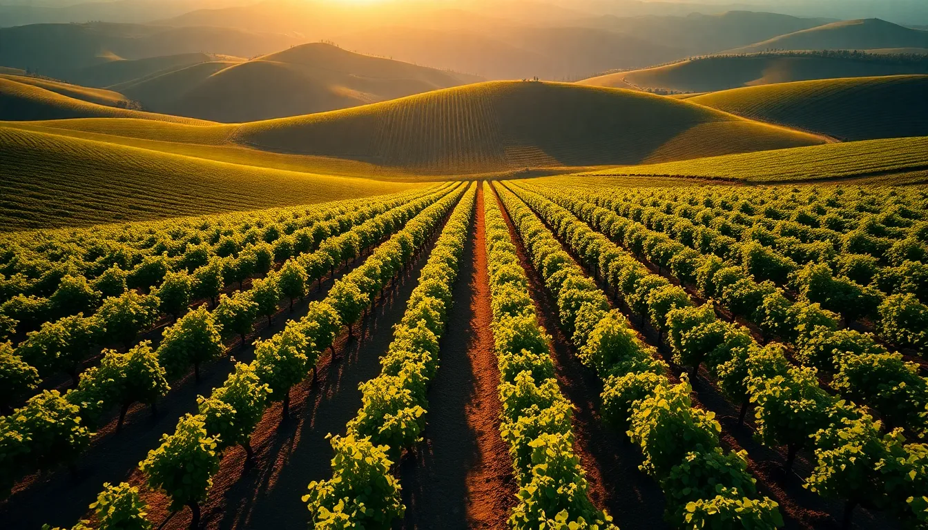 Golden Hour Vineyard Aerial View