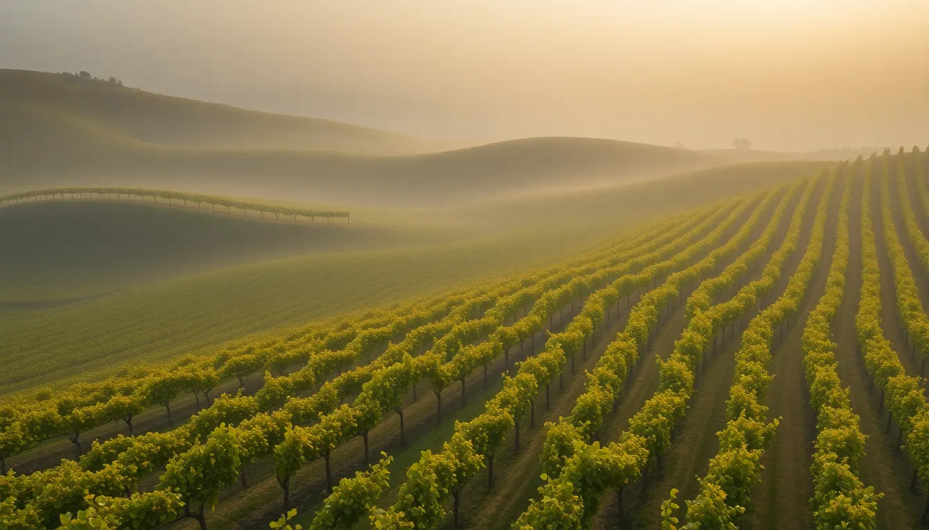 Sprawling Vineyard in Morning Fog