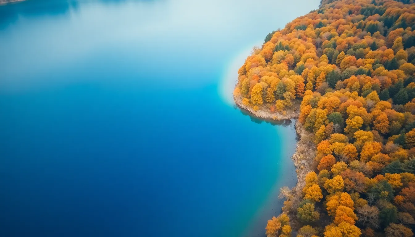 Autumn Colors Surrounding a Blue Lake Aerial View