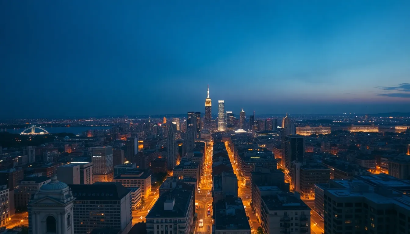 Dusk Aerial View of Vibrant Cityscape