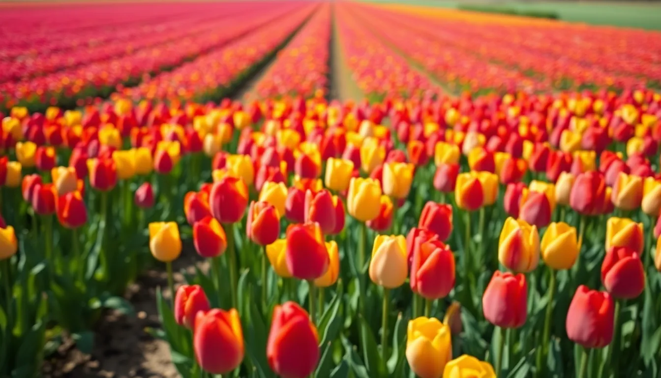 Aerial View of Flowering Tulip Fields