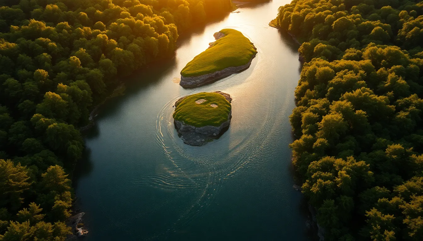 Aerial View of Winding River at Sunset
